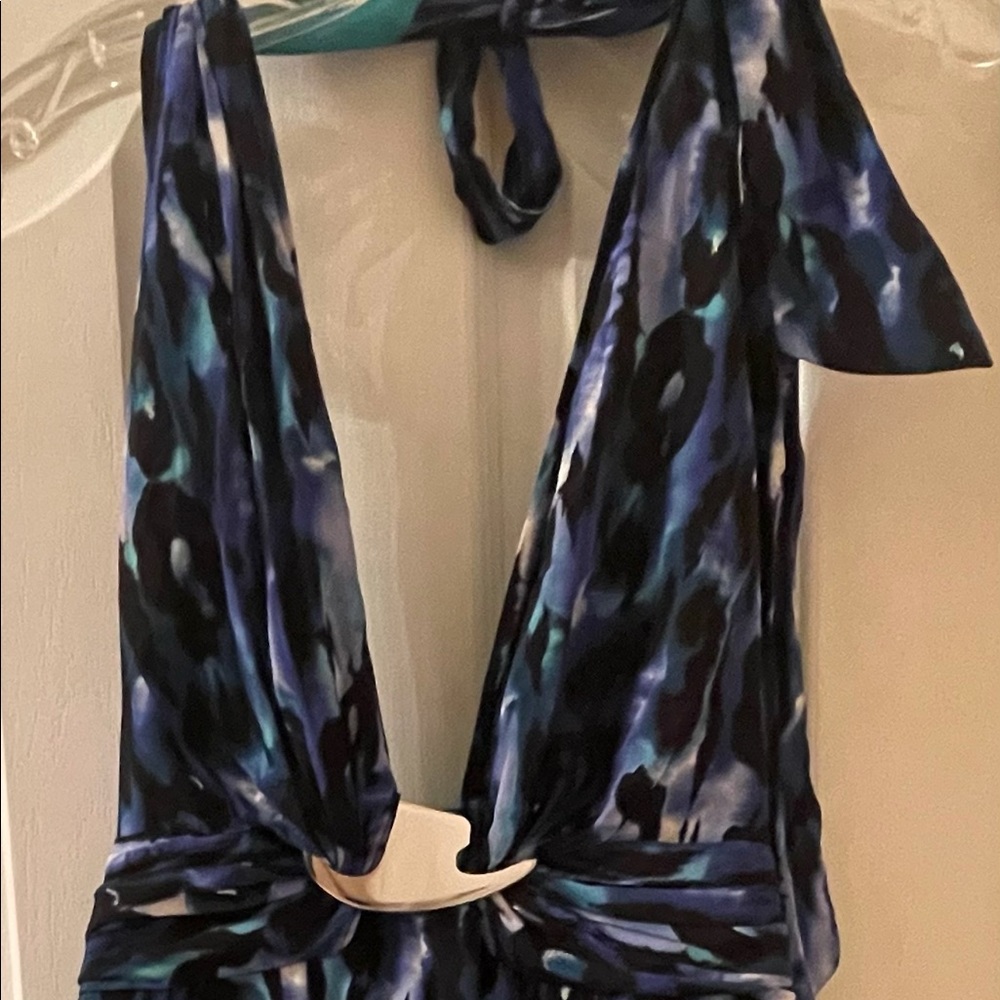 Bebe Halter Black and Blue Leopard Cocktail Dress